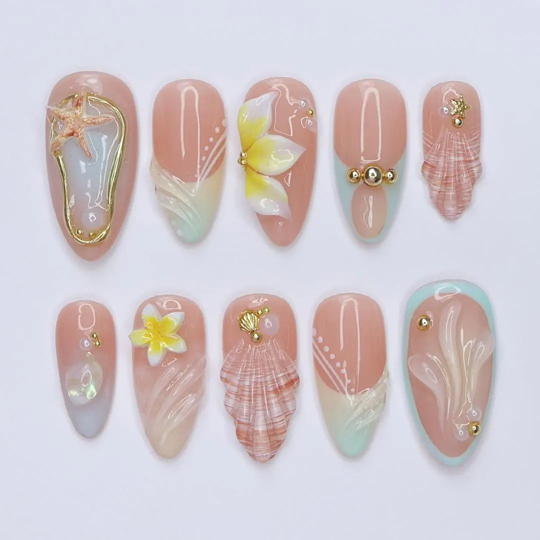 Summer Press on Nails Plumeria With Starfish | 3D Fake Nails in Medium Almond | Handmade Seashell... | Etsy (US)