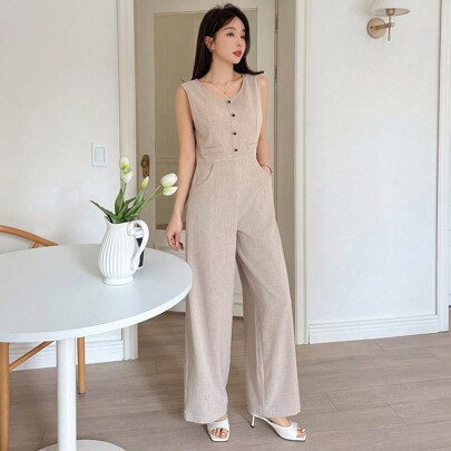 Elegant Fit Solid Color Round Neck Sleeveless Jumpsuit For Women, Suitable For Work Commute In Summer | SHEIN