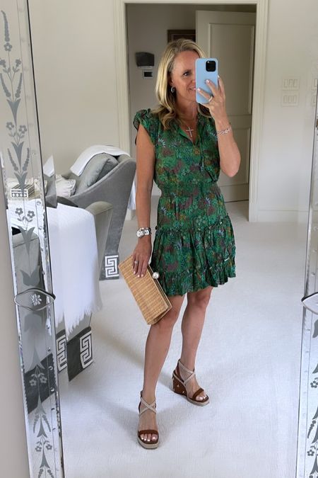Kelley green floral dress with ruffle details
Valentino, Roman stud, brown, leather and rope, wedge sandals 
Wicker clutch 


#LTKstyletip #LTKFind #LTKunder100