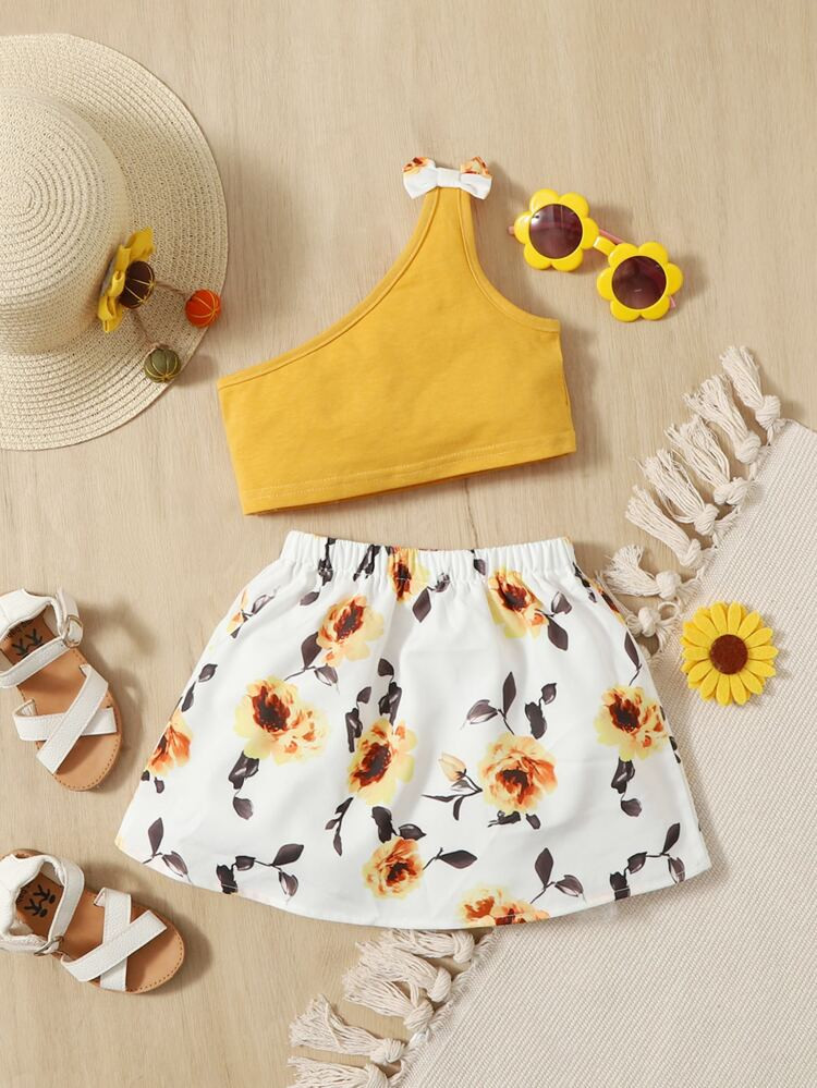 SHEIN Baby Bow One Shoulder Top & Floral Print Skirt | SHEIN