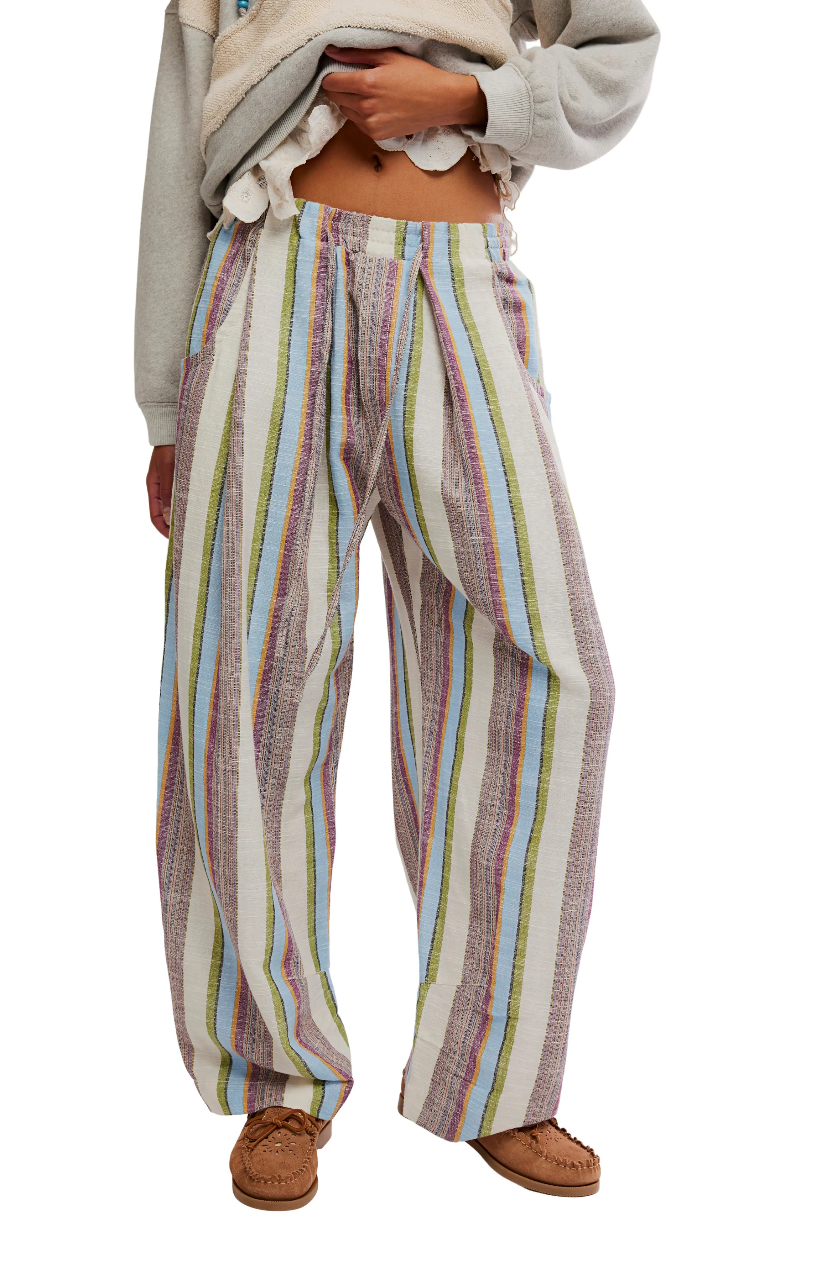 Free People Chambers Stripe Drawstring Linen & Cotton Pants in Ivory Combo at Nordstrom, Size Small | Nordstrom