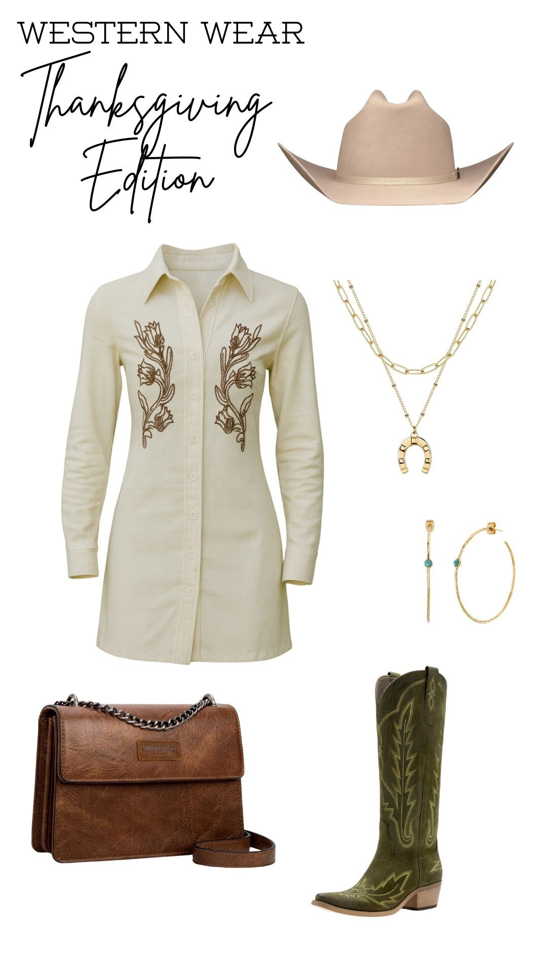 A classic cream embroidered western dress paired with olive cowgirl boots, layered gold jewelry, a structured brown crossbody, and a neutral ranch-ready hat. The perfect Thanksgiving outfit if you’re wanting western, elevated, and effortlessly chic. Shop the full look below!

#westernwear #thanksgivingoutfit #falloutfitinspo #cowgirlstyle #ltkstyle

#LTKCyberWeek #LTKHoliday #LTKSeasonal