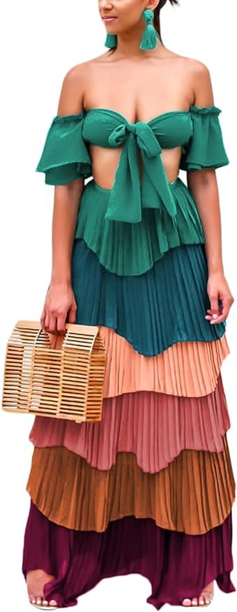 Yissang Women's Muti Color Strapless Tiered Ruffle Pleated Chiffon Crop Top with Maxi Long Skirt ... | Amazon (US)