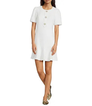 Geneva Boucle Round Neck Button Front Short Sleeve Dress | Dillard's