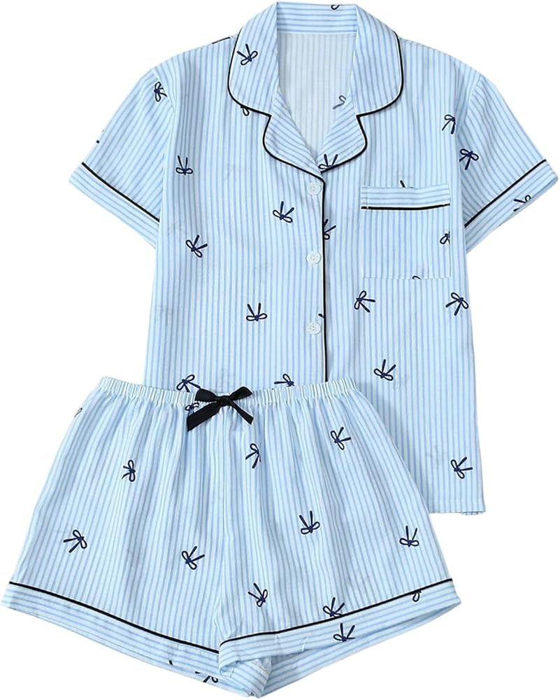 WDIRARA Women's Striped Bow Print Pajama Set Short Sleeve Button Down Shorts Pjs Sleepwear | Amazon (US)