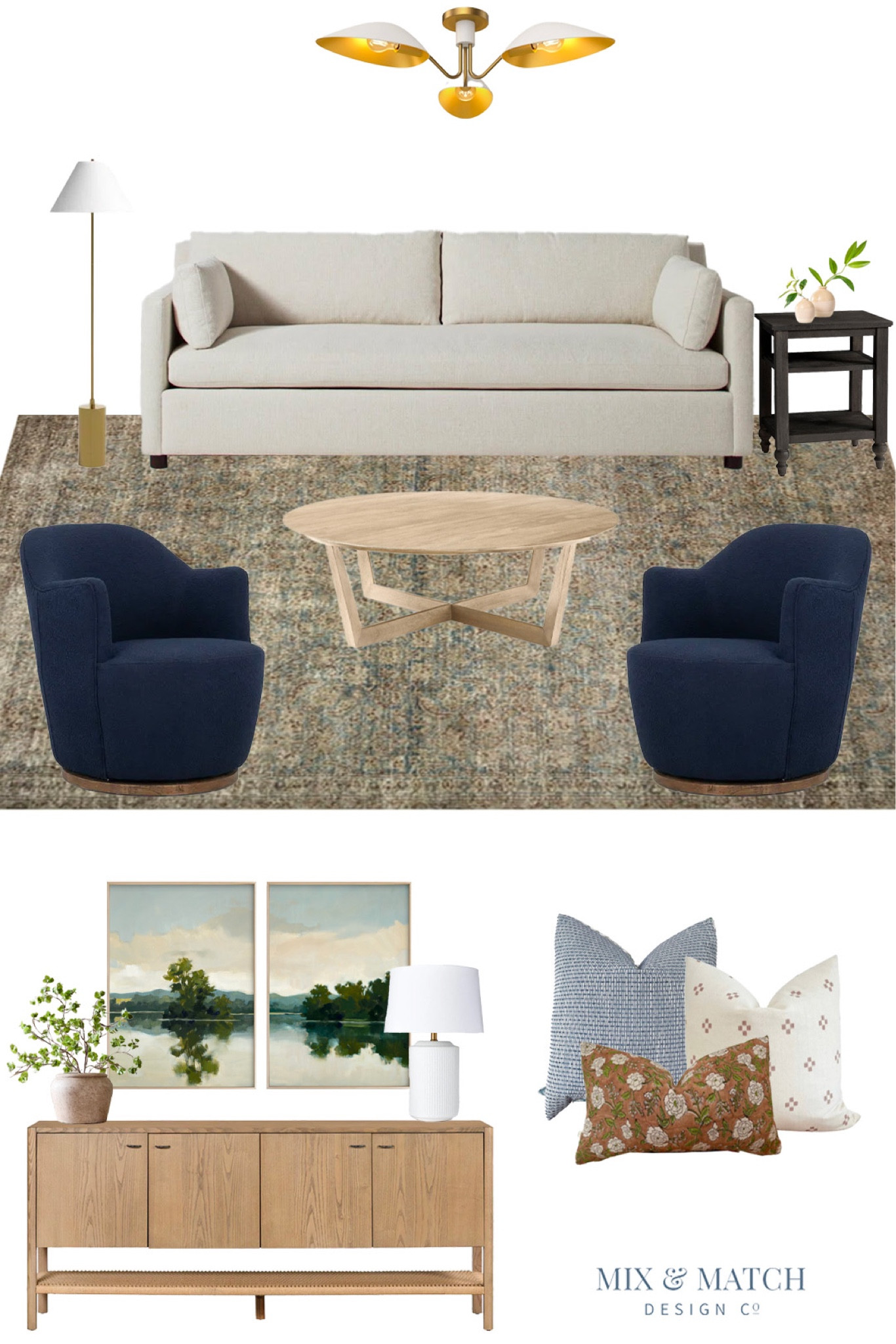 Shop my style! This living room meshes coastal, modern, and traditional design elements to create a cozy, comfortable space. Paint the walls dark for more moodiness or keep them light for an airier look.

This setup works great for smaller spaces, but if your living room is large, add a second sofa! You can also use the sideboard as a media stand under a TV. There are lots of ways to mix and match these pieces to make it fit your space!