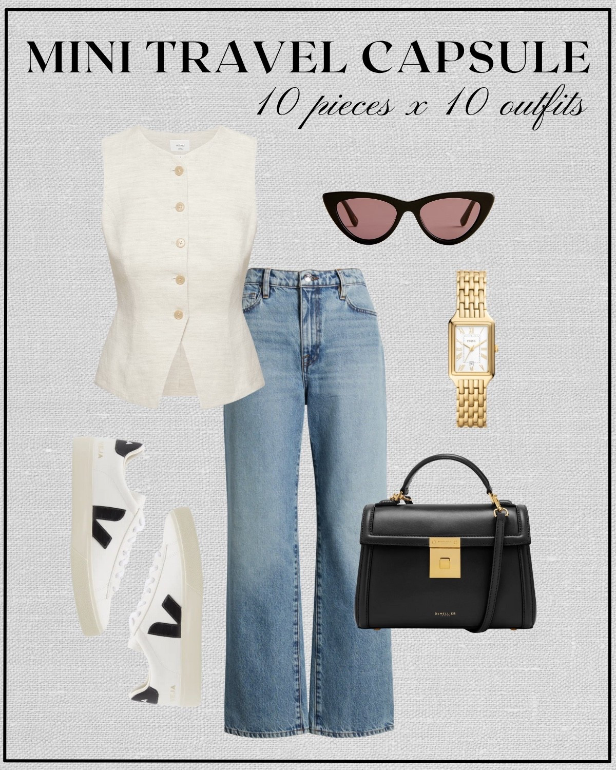10x10 mini travel capsule: Paris edition 

Linen vest / light blue wash wide leg jeans / sneakers / Demellier purse / cat eye sunglasses / fossil gold watch/ smart casual / elevated style / France 

#LTKTravel #LTKStyleTip