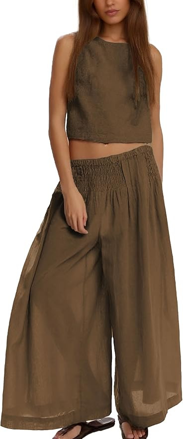 Women's Summer 2 Piece Outfits Linen Sleeveless Crop Top Palazzo Wide Leg Pants with Pockets Beac... | Amazon (US)