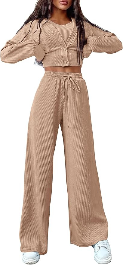 PRETTYGARDEN Womens 2024 Fall Track Suits 3 Piece Outfits Matching Sets Ribbed Knit Cardigan Crop... | Amazon (US)