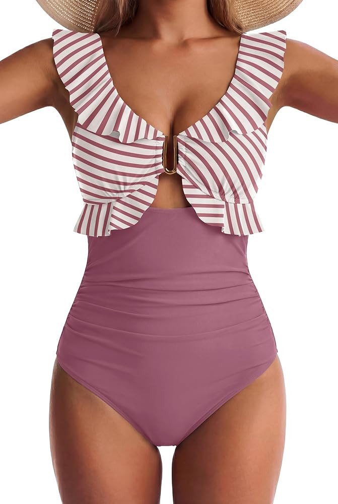 Women One Piece Swimsuit Tummy Control Ruffle Bathing Suit Cutout V Neck Swim Suit Ruched Slimmin... | Amazon (US)