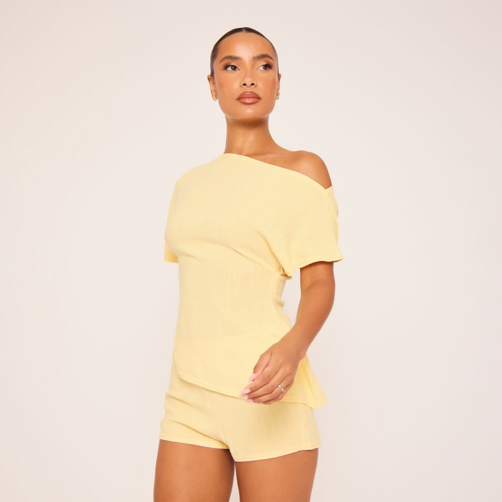 Off The Shoulder Asymmetric Detail Top In Yellow Linen | EGO (UK)