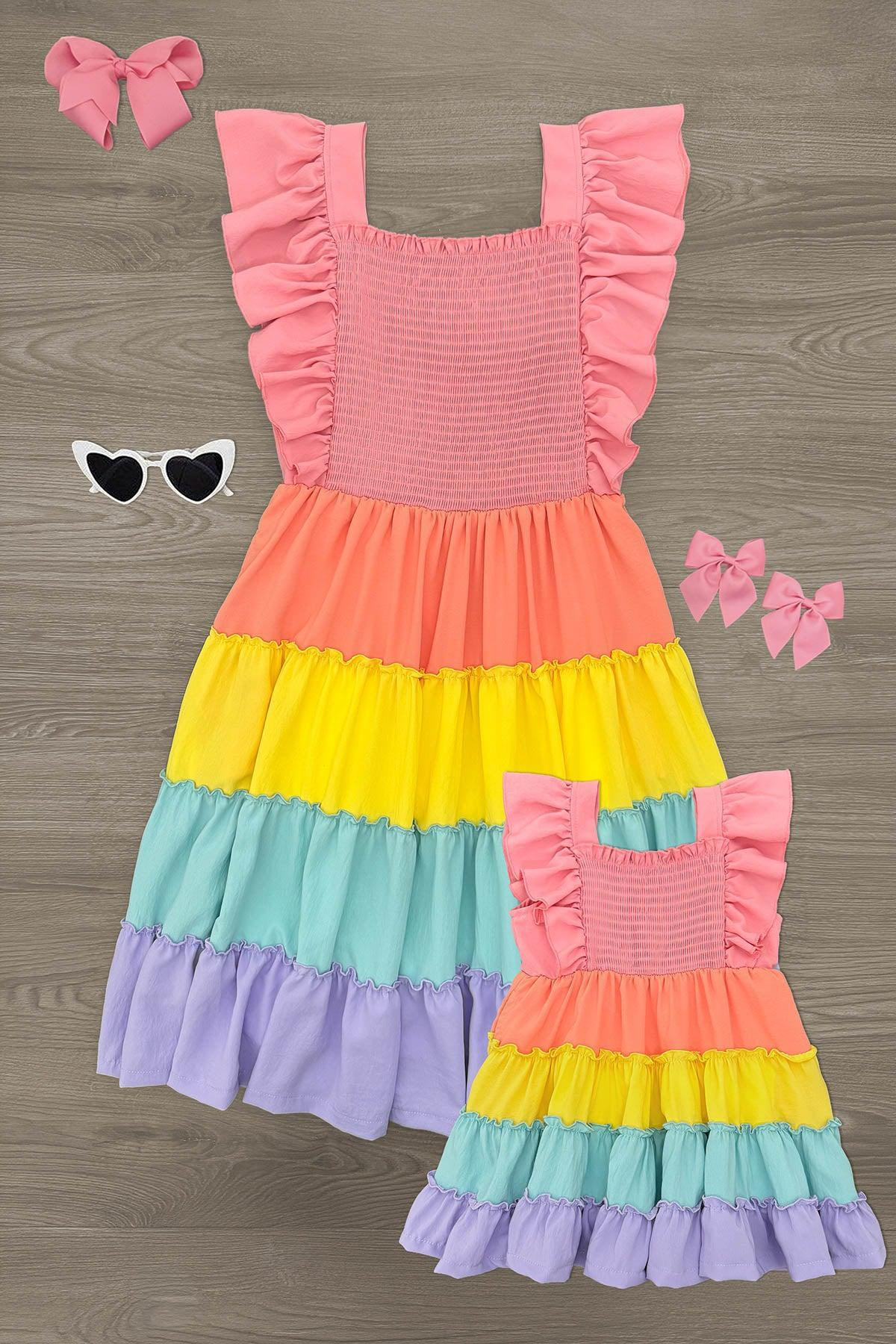 Mom & Me - Rainbow Pastel Ruffle Dress | Sparkle In Pink