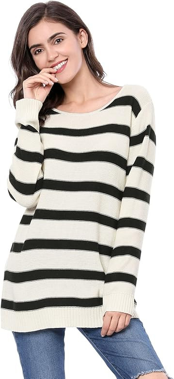 Women's Round Neck Drop Shoulder Tunic Striped Sweater | Amazon (US)