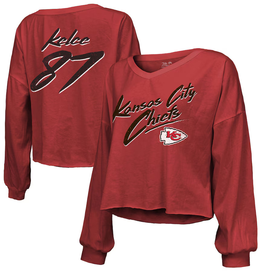 Travis Kelce Kansas City Chiefs Majestic Threads Women's Name & Number Off-Shoulder Script Croppe... | Fanatics