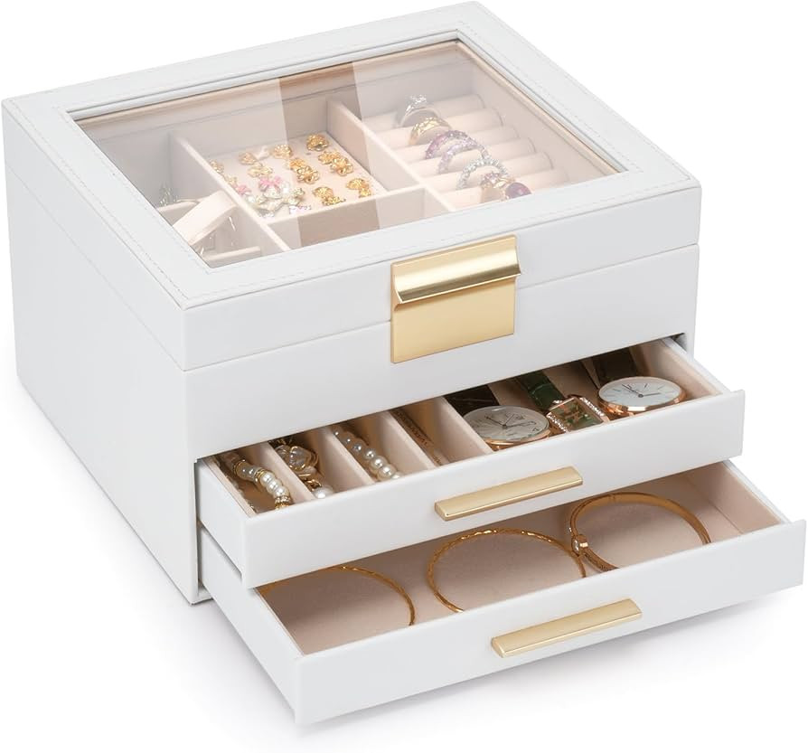 3-Layer Jewelry Box for Women, Jewelry Organizer with Glass Lid and Drawers, Jewelry Organizers a... | Amazon (US)
