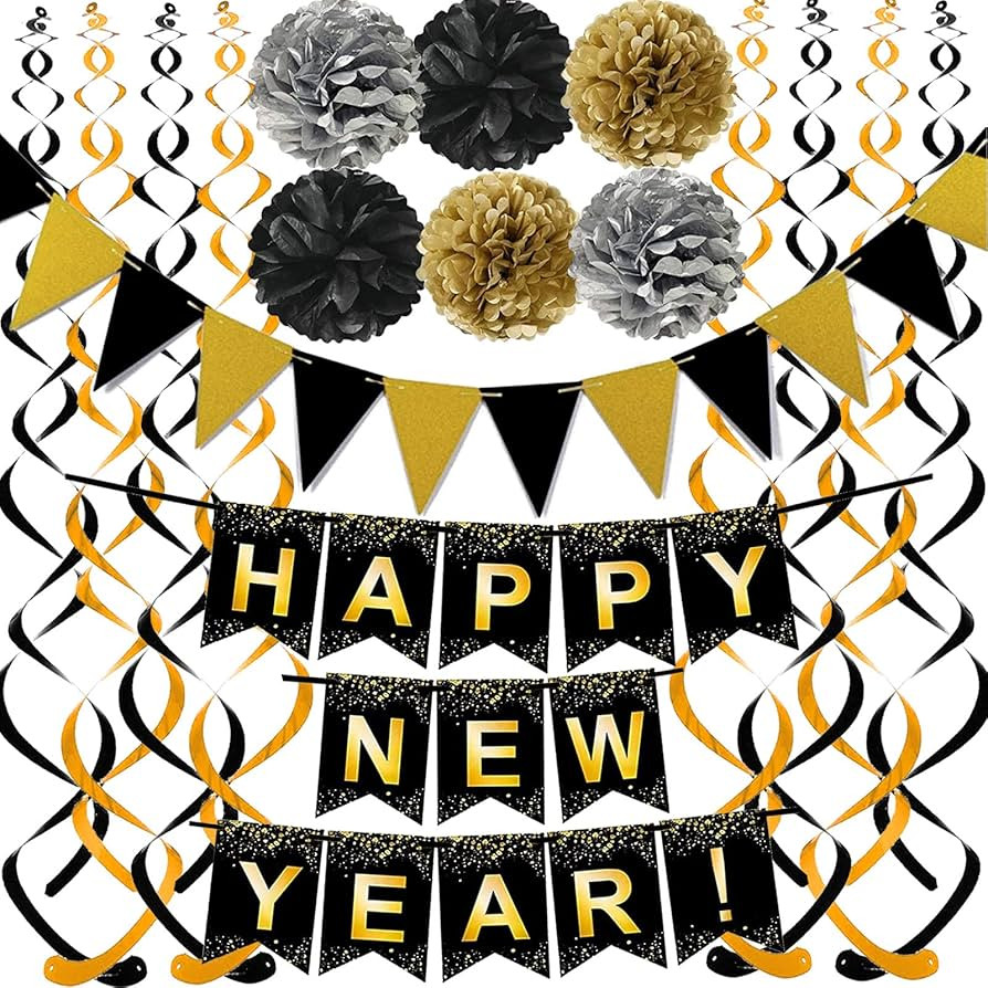 Happy New Year Set Black Banner with Gold Black Paper Flag Bunting Swirl Streamers & Pom Poms for... | Amazon (US)