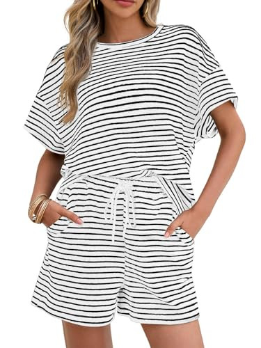Tankaneo Womens Pajama Sets Striped 2 Piece Lounge Sets Short Sleeve Oversized T Shirts Drawstrin... | Amazon (US)