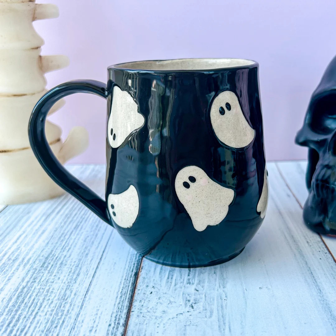 Black Ghost 16 Ounce Ceramic Mug, Autumn Gift for Her, Retro Fall Mug, Halloween Gift, Spooky Mug... | Etsy (US)