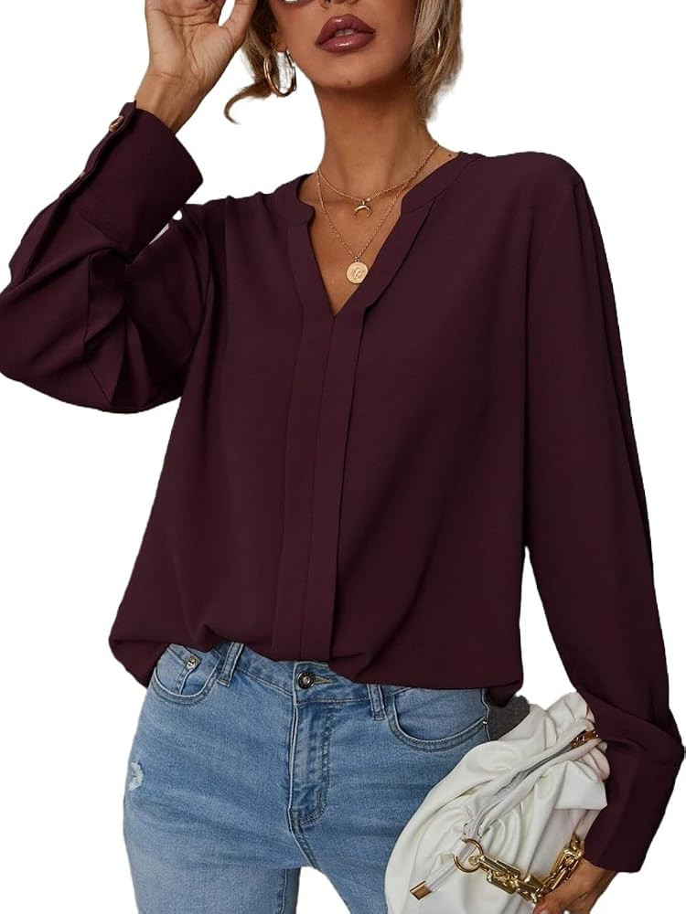 Womens Solid Notched Buttoned Cuff Blouse Top Long Sleeve Blouse for Women | Amazon (US)