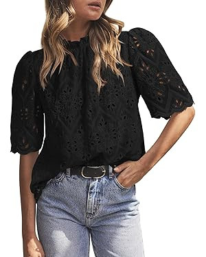 PRETTYGARDEN Summer Tops for Women 2025 Trendy Short Sleeve Eyelet Embroidered Dressy Casual Blou... | Amazon (US)