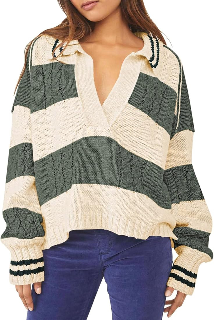 Pink Queen Women's 2023 Fall Casual Oversized Pullover Sweaters Lapel Collar V Neck Long Sleeve C... | Amazon (US)