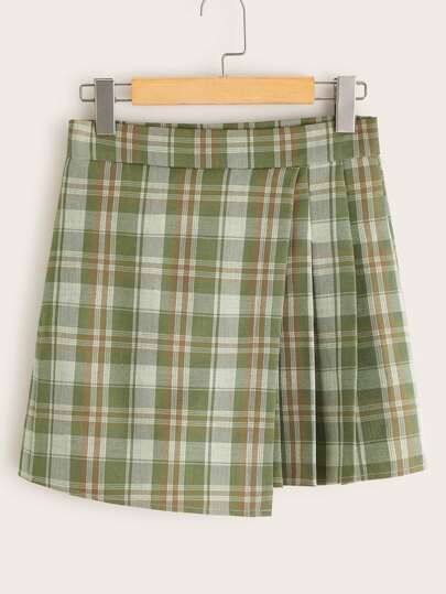 Plaid Pleated Asymmetrical Hem Mini Skirt | SHEIN