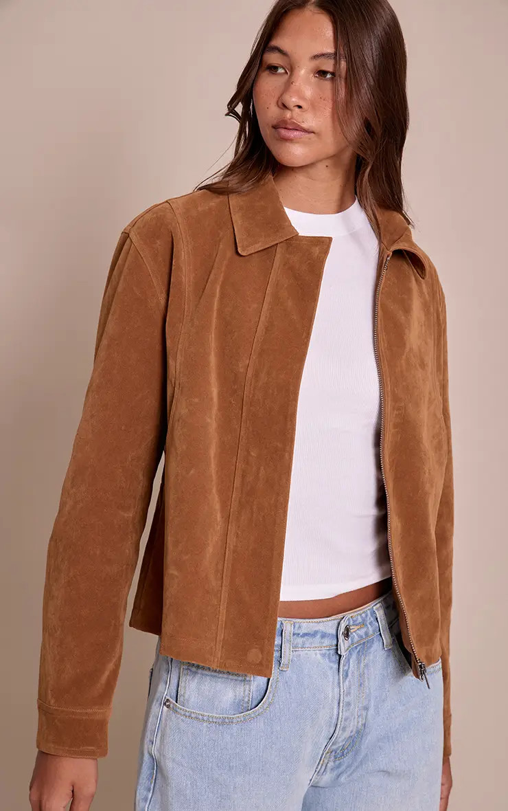 TAN Faux Suede Concealed Placket Bomber Jacket | PrettyLittleThing UK