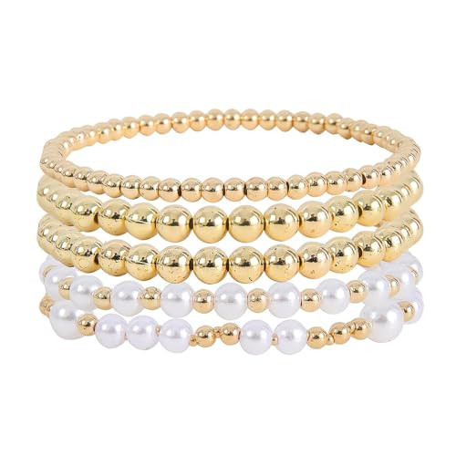 YueYueLoove Gold Beaded Bracelets for Women Baroque Pearl Stackable 14K Gold Plated Stretch Bead Ball Bracelet Set Gold Jewelry for Women Gifts (Gold 5PcsC) | Amazon (US)