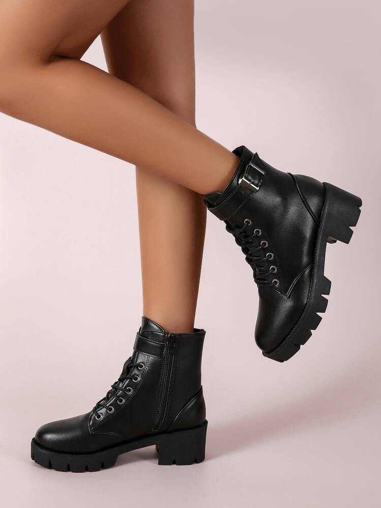Buckle Decor Chunky Heeled Combat Boots | SHEIN