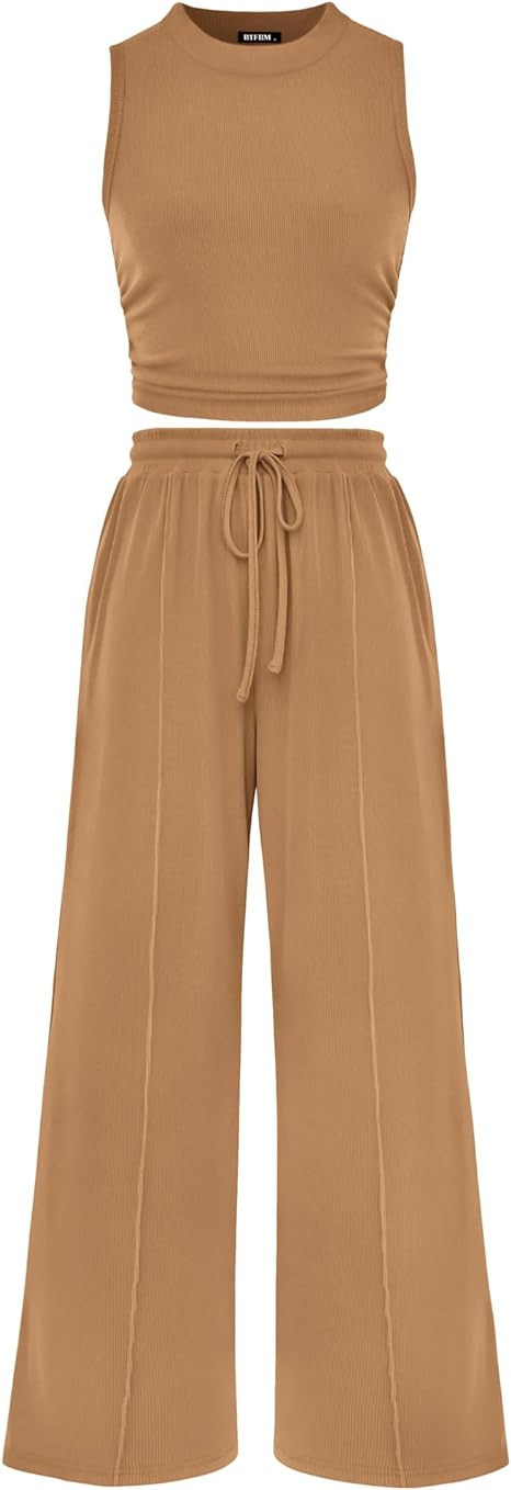 BTFBM Summer Outfits For Women 2026 Ribbed Sleeveless Tank Tops Wide Leg Pants 2 Piece Sets Loung... | Amazon (US)