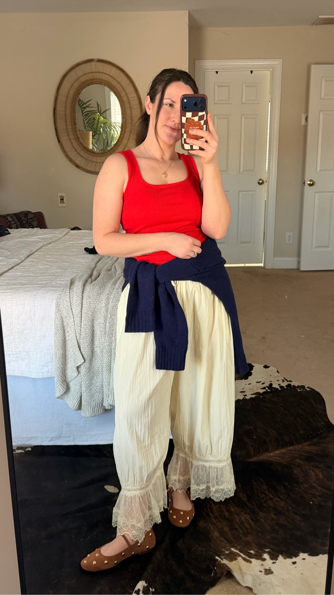 getting ready for spring with the cutest spring transition outfit 🌷 

I just got these lace pants in and I had to style them right away and what’s better than a sweater for spring? A sweater with fishies in them! So cute. And I’m so happy to wipe out these studded Mary Jane flats again. I got them towards the end of fall and wasn’t able to wear them too long

SIZING 5’3” 145 lbs - typically a medium
- pants: medium, super flowy and loose. The waistband is super stretchy. I recommend your TSS but if your small around the hips/waist, you could size down
- sweater: medium, fits like a standard M/L
- shoes: wearing my true sizee

#LTKMidsize #LTKmomlife #LTKootd