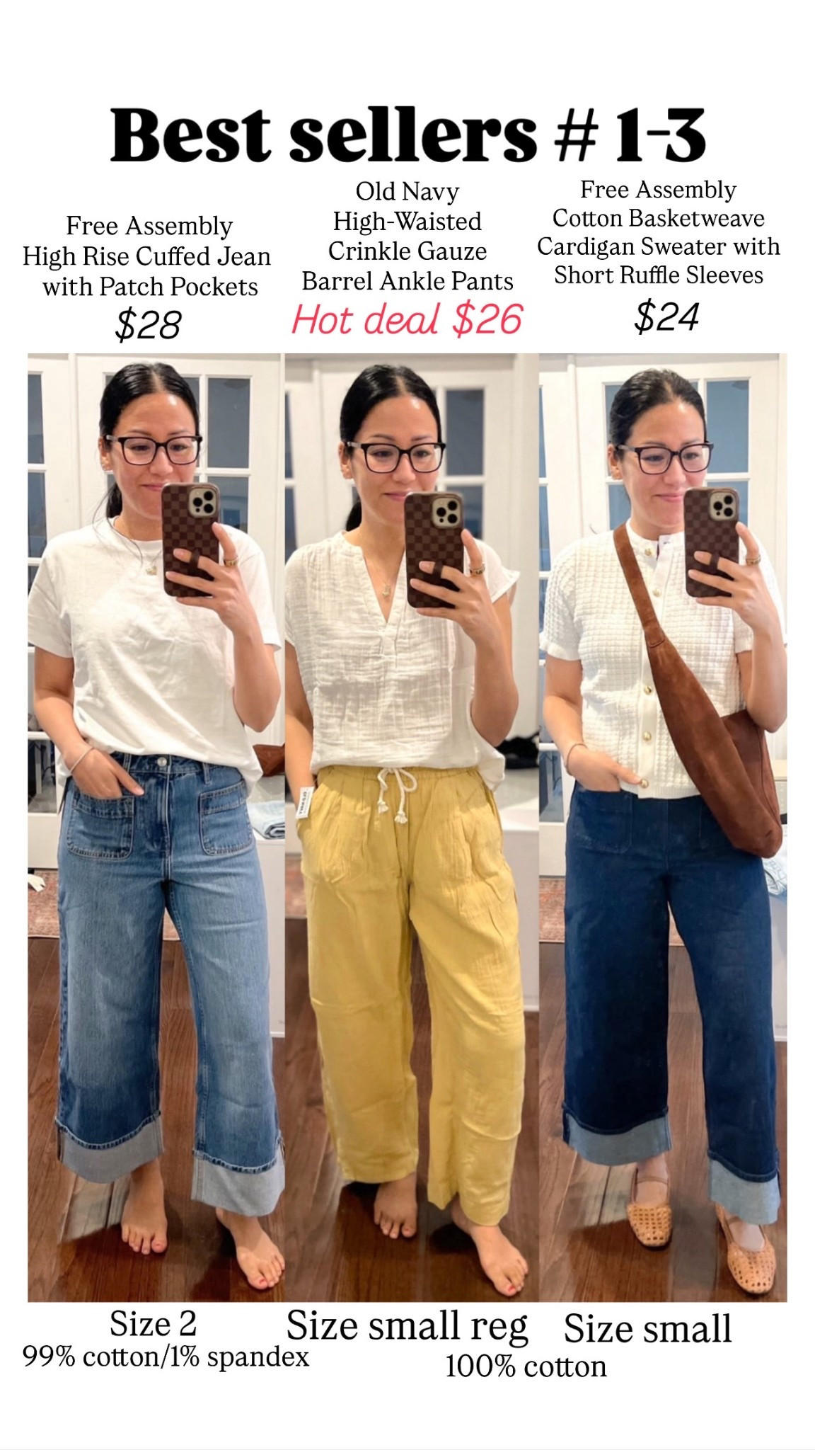 Free Assembly cuffed jeans- size 2
Old Navy Cotton gauze pants - small regular
Free Assembly 100% cotton ruffle trim cardigan- size small


#LTKSeasonal #LTKOver40 #LTKSaleAlert