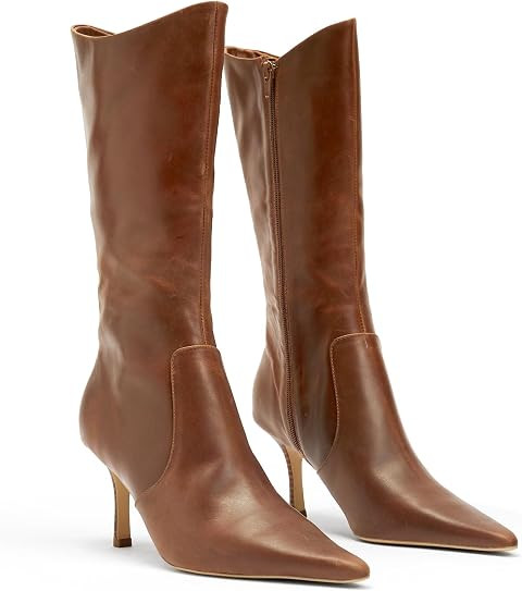 Coutgo Womens Mid Calf Boots Pointed Toe High Heel Long Boots Side Zipper Winter Dress Shoes | Amazon (US)