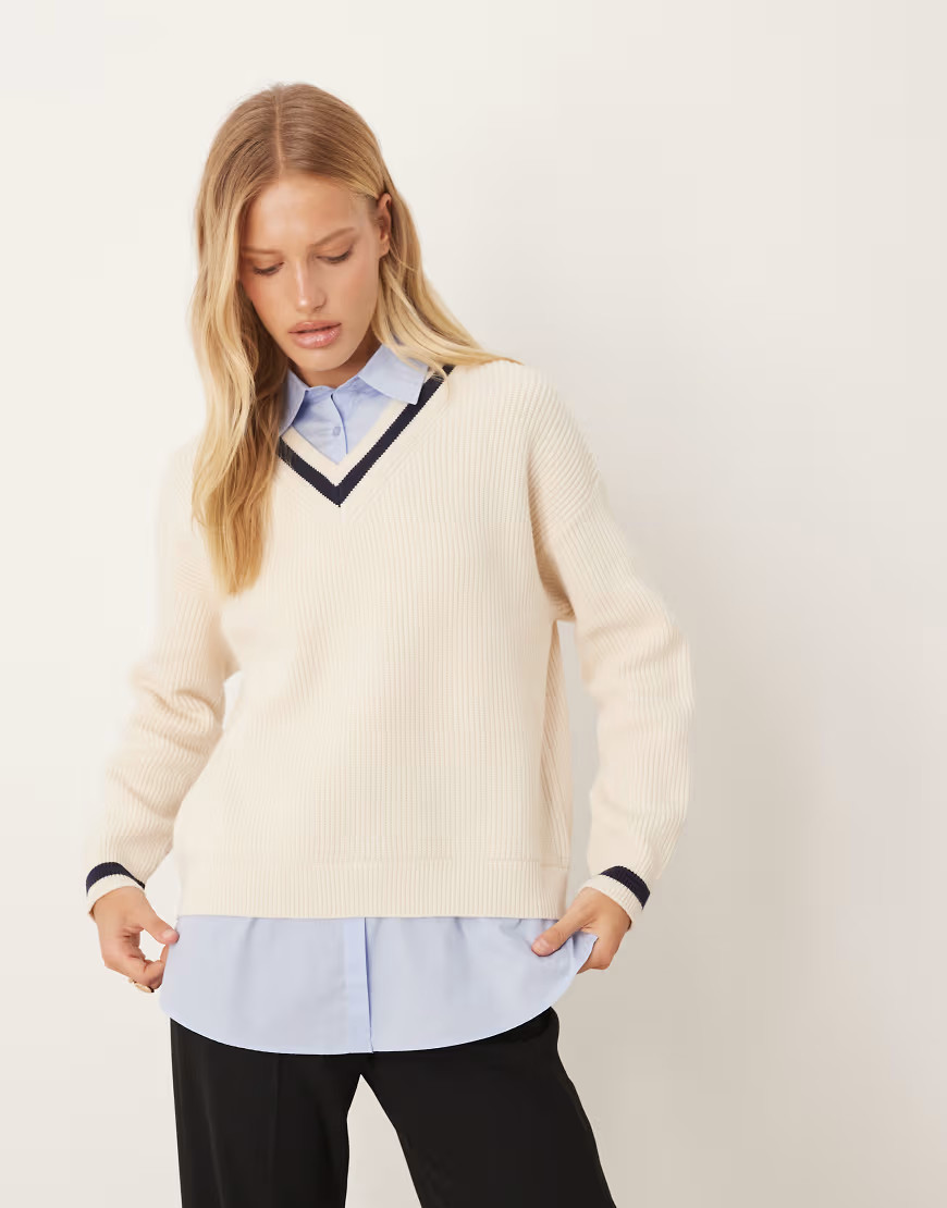 Mango v-neck knit sweater in cream-White | ASOS (Global)