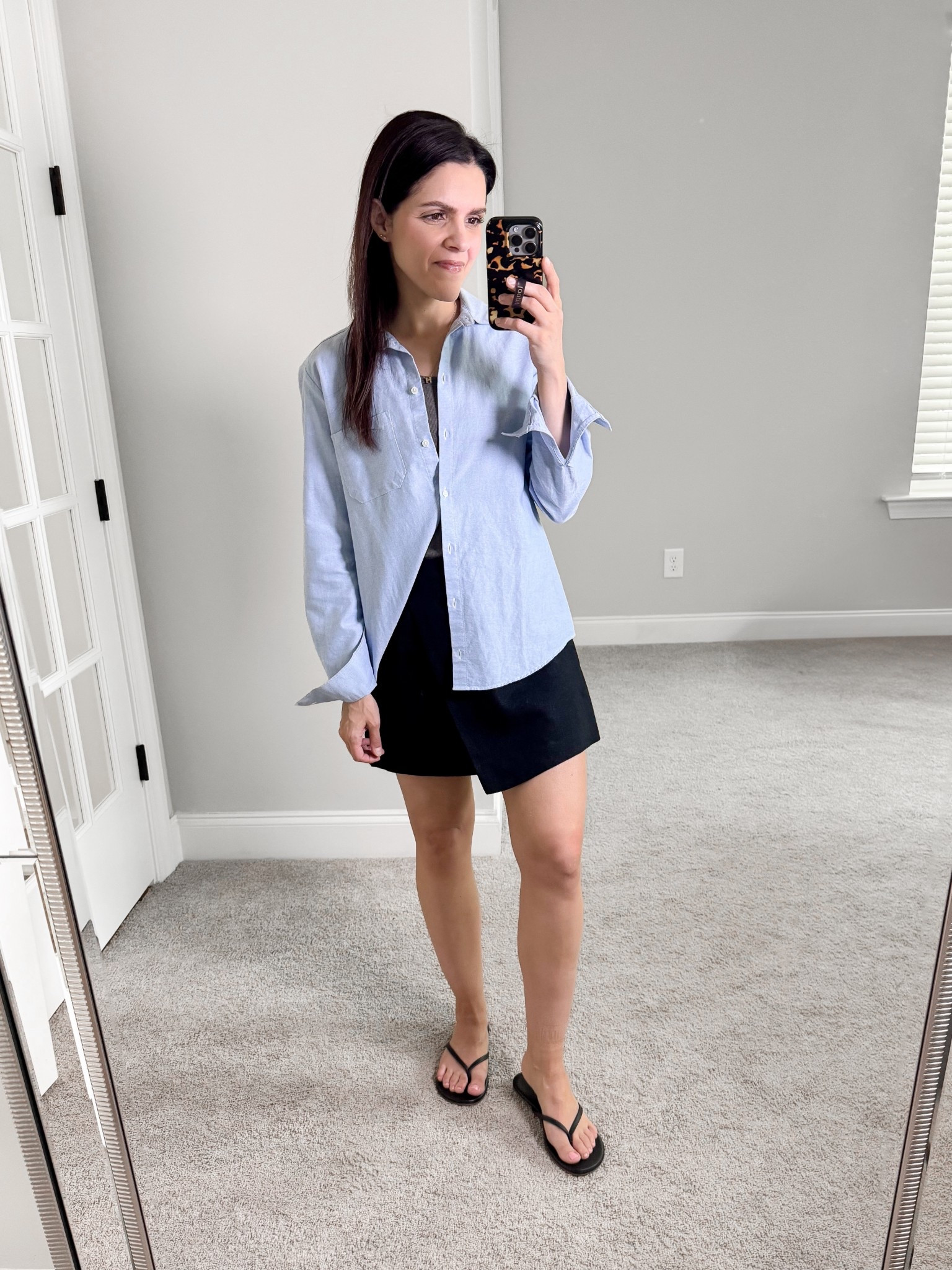 Simple #ootd — What I wore:

blue button up: Sézane, XS
linen skort: Abercrombie, linked current version, XS
Flip flops: Amazon, tts 

#LTKStyleTip