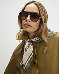 Brown Tortoiseshell Chain Temple Sunglasses | River Island UK & IE