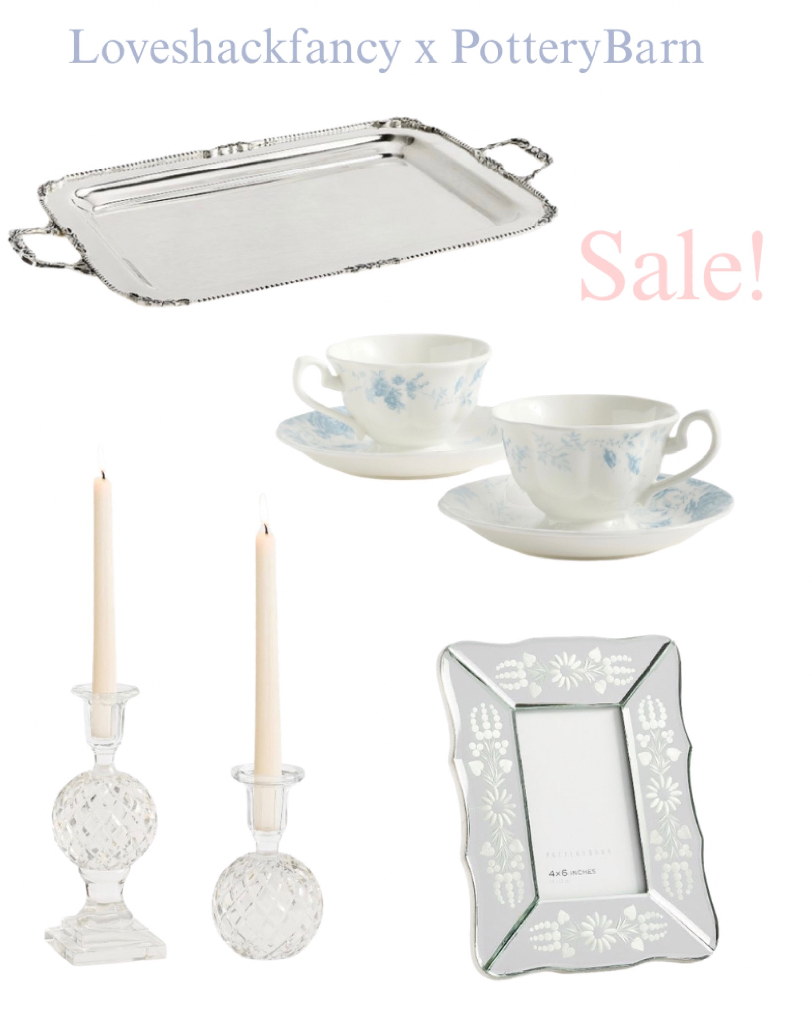 Pottery Barn x Loveshackfancy sale! Crystal taper candle holders, picture frame, silver, serving trike, blue floral, tea, cups, girly, tabletop, kitchen, living room, office, bedroom, French.

#LTKSaleAlert #LTKHome