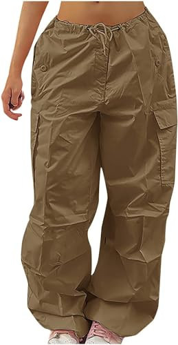 Zhyaj Womens Khaki Baggy Cargo Pants Y2K Low Waist Wide Leg Drawstring Relaxed Jogger Pants Multi-Pockets Parachute Pants, Khaki, X-Large | Amazon (US)