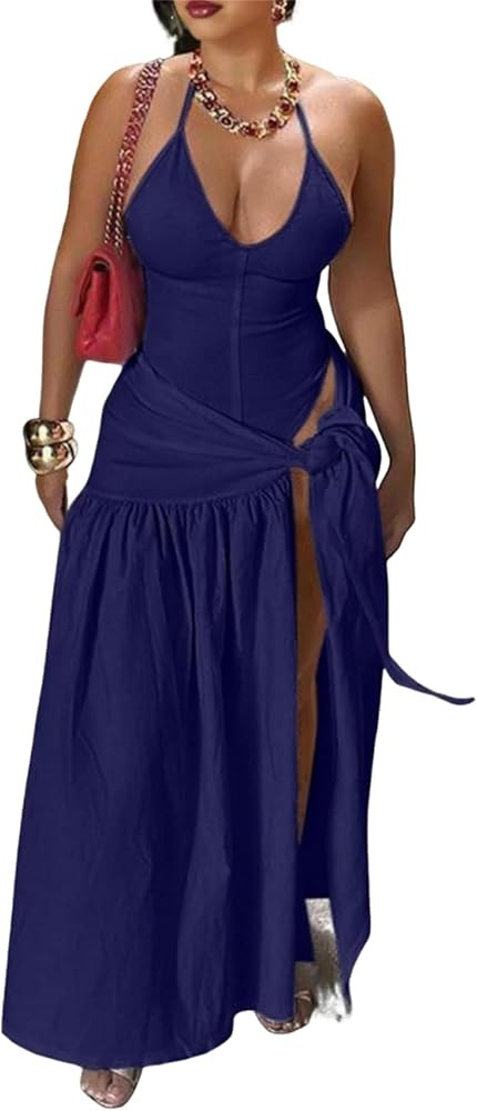 Womens Summer 2 Piece Maxi Skirt Sets Sexy Halter V Neck Backless Thong Bodysuits Wrap Beach Cove... | Amazon (US)