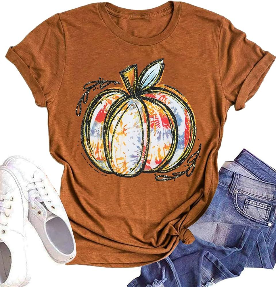 Halloween Pumpkin Shirt Women Leopard Graphic Tees Short Sleeve Fall T-Shirt Thanksgiving Gift Tops | Amazon (US)