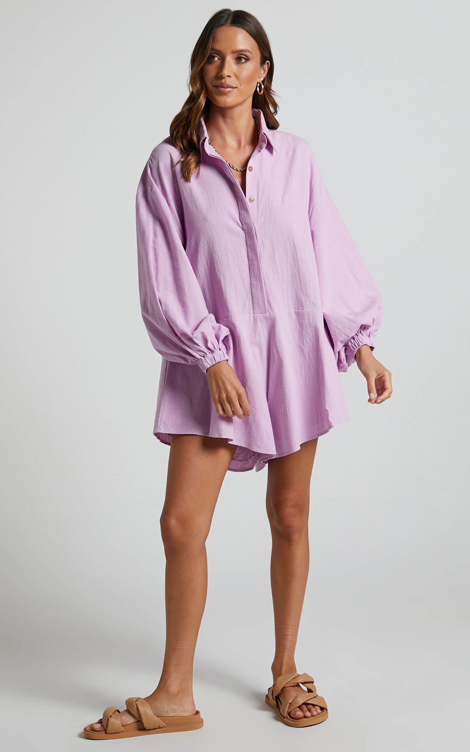 Anka Playsuit - Relaxed Button Front Shirt Playsuit in Lilac | Showpo (US, UK & Europe)