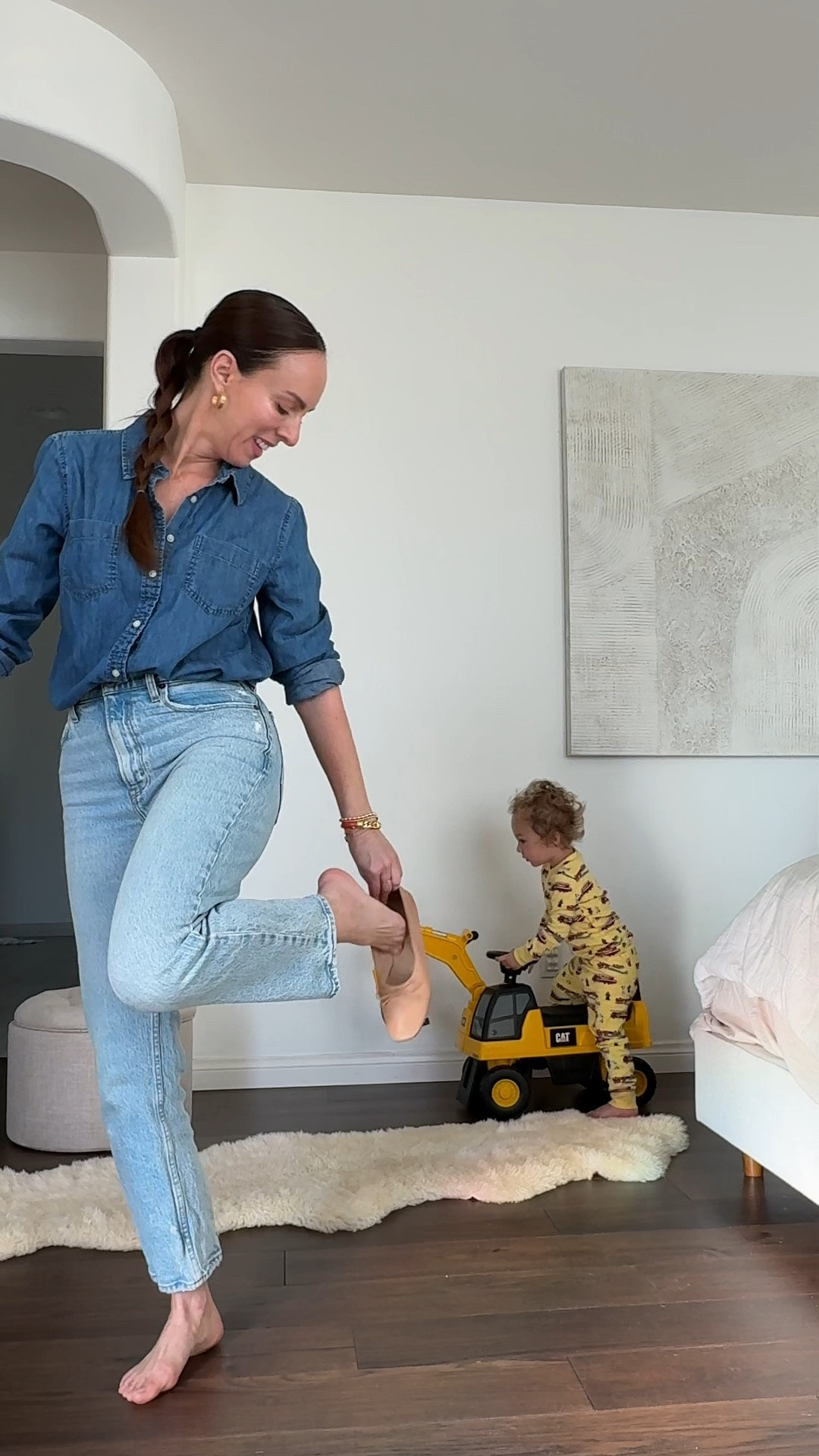 Here are sizing deets! Shirt: I sized up to a M for an oversized fit. Jeans: 25 extra short for a cropped look. Flats: run tts. 

GRWM for my son’s 2nd birthday 🚚 What do you wear to host a truck-themed birthday party? Denim on denim with truck brooches, of course! 🚛

For my son’s at-home celebration, I matched his custom denim sleeve shirt with a double denim look. I’m a girlie girl at heart (so ballet flats for comfy hosting), but as a boy mom, I wanted to tie into the theme beyond just denim. My solution? Truck stickers! They doubled as party favors for the kids and patches for the adults. 🚚💛


#LTKPetite #LTKFamily #LTKWatchNow