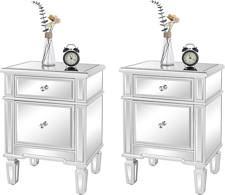 VINGLI Nightstands Set of 2 Mirrored Side Tables Glass End Table with Drawer for Bedroom, Silver | Amazon (US)