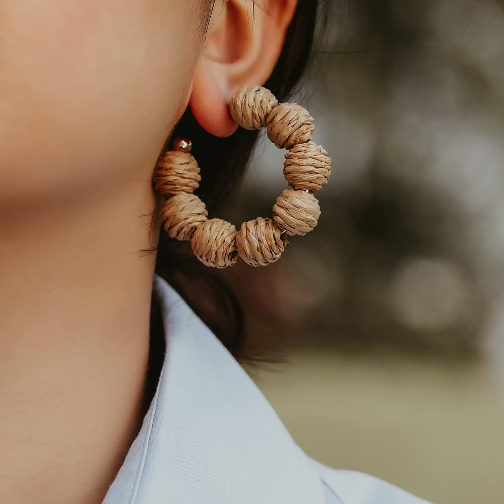 Raffia Beaded Hoop Earrings Boho Statement Chunky Fun Summer Beach Jewelry | Amazon (US)