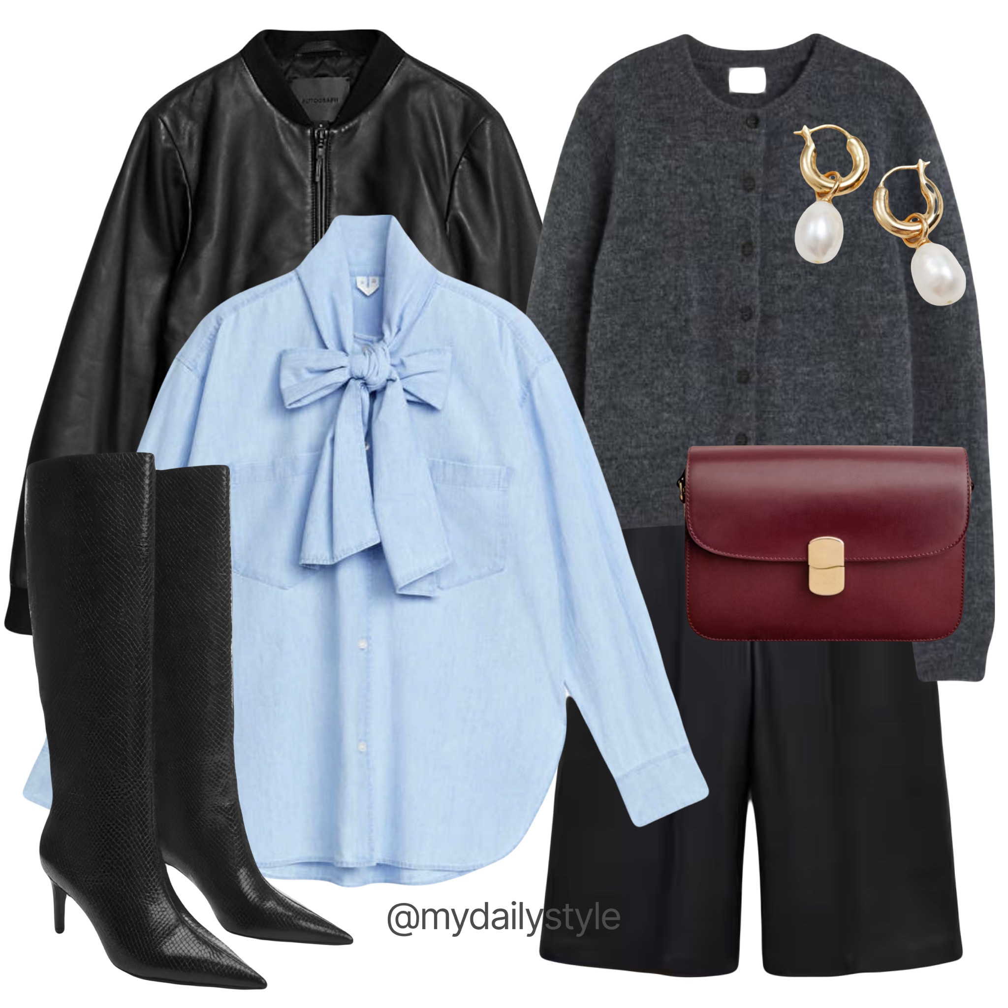 Romantic & classy spring outfit 🖤 Leather bomber jacket, popover white blouse, bow-detail cotton shirt, wool blend long bermuda shorts, grey wool cardigan, knee-high heeled leather boots, pearl earrings, Sezane Milo maroon shoulder bag. Date night, valentines day outfits, night out, brunch outfit, dinner outfit

#LTKMostLoved #LTKitbag #LTKshoecrush