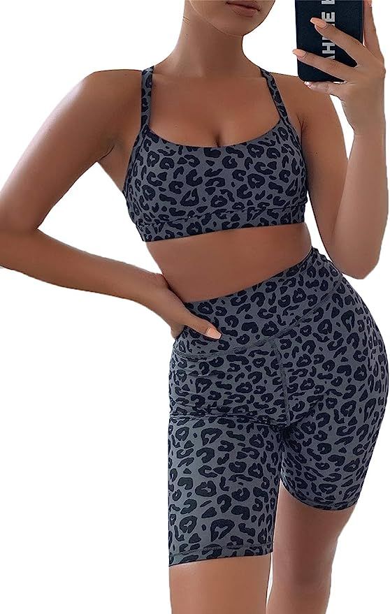 luvamia Women's Two Pieces Leopard Sports Bra Set Workout Outfit Set Gym Clothes | Amazon (US)