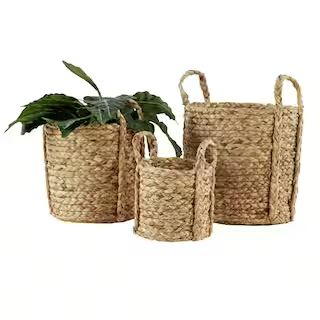 LITTON LANE Round Natural Seagrass Wicker Basket Planters with Handles (Set of 3)-84428 - The Hom... | The Home Depot