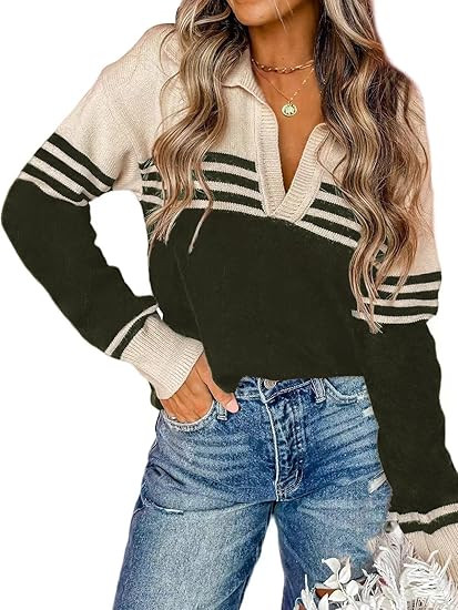 CiCiBird Women Fall V Neck Sweater Color Block Polo Long Sleeve Shirt Casual Loose Striped Pullov... | Amazon (US)