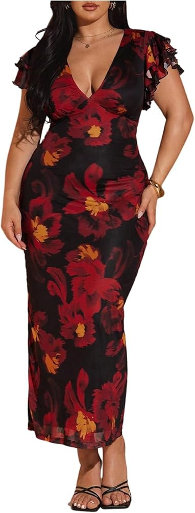 BEAUDRM Women's Plus Size Cocktail Floral Maxi Dress Deep V Ruffle Short Sleeve Bodycon Mesh Wedd... | Amazon (US)