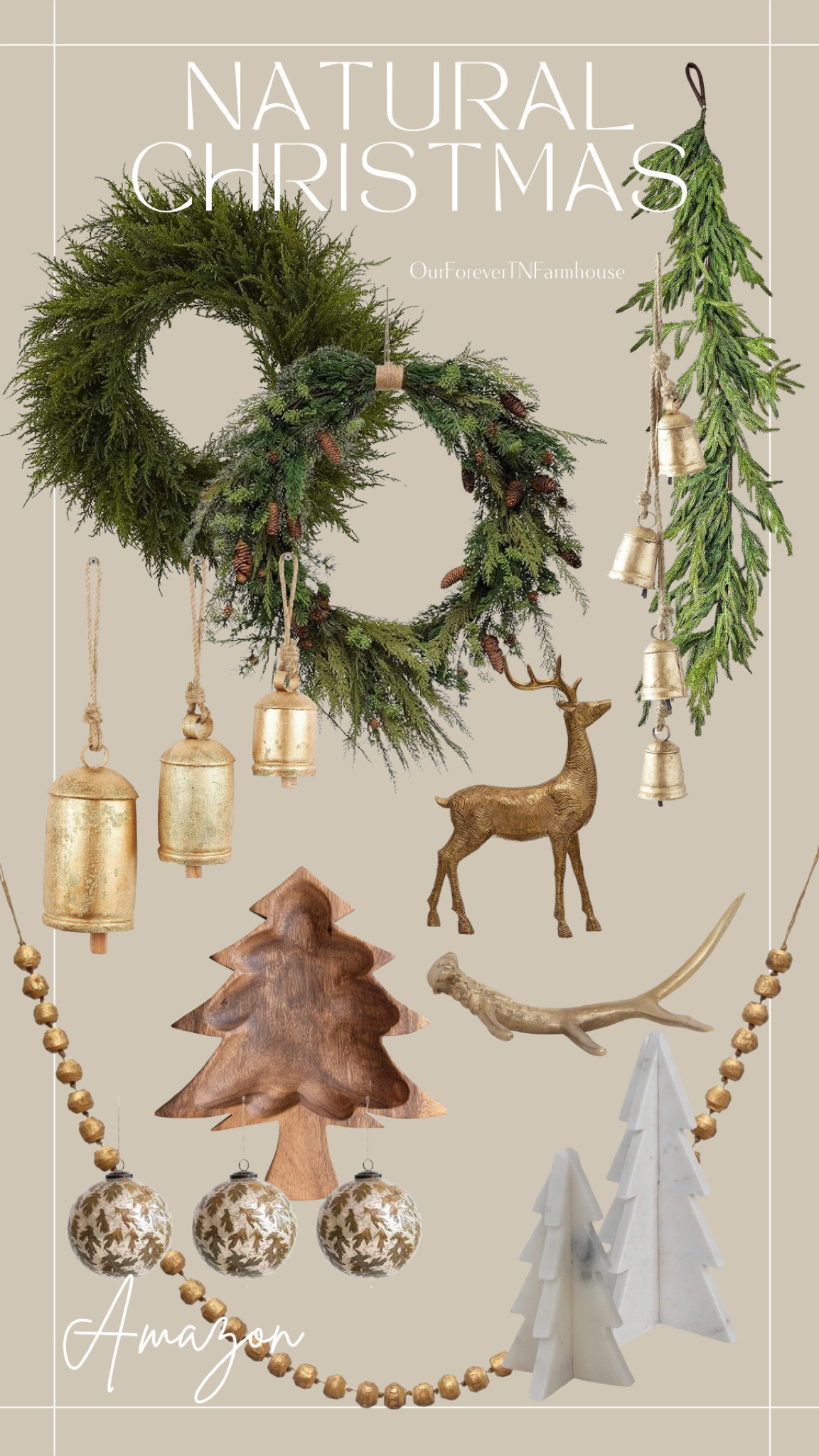 Amazon finds: natural Christmas decor.  Garland, wreath, brass bells, deer and more 

#LTKSeasonal #LTKhome #LTKHolidaySale